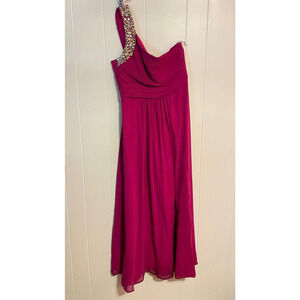 Vintage Womens Dress Large Fuschia Chiffon Ruched One Shoulder Rhinestone 90s